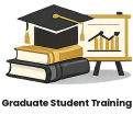 Icon for "Graduate Student Training" that has a stack of books, a graduation hat, and a chart.