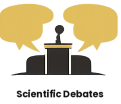 Icon for "Scientific Debates" with two thought clouds over a podium.