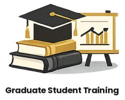Icon for "Graduate Student Training" that has a stack of books, a graduation hat, and a chart.
